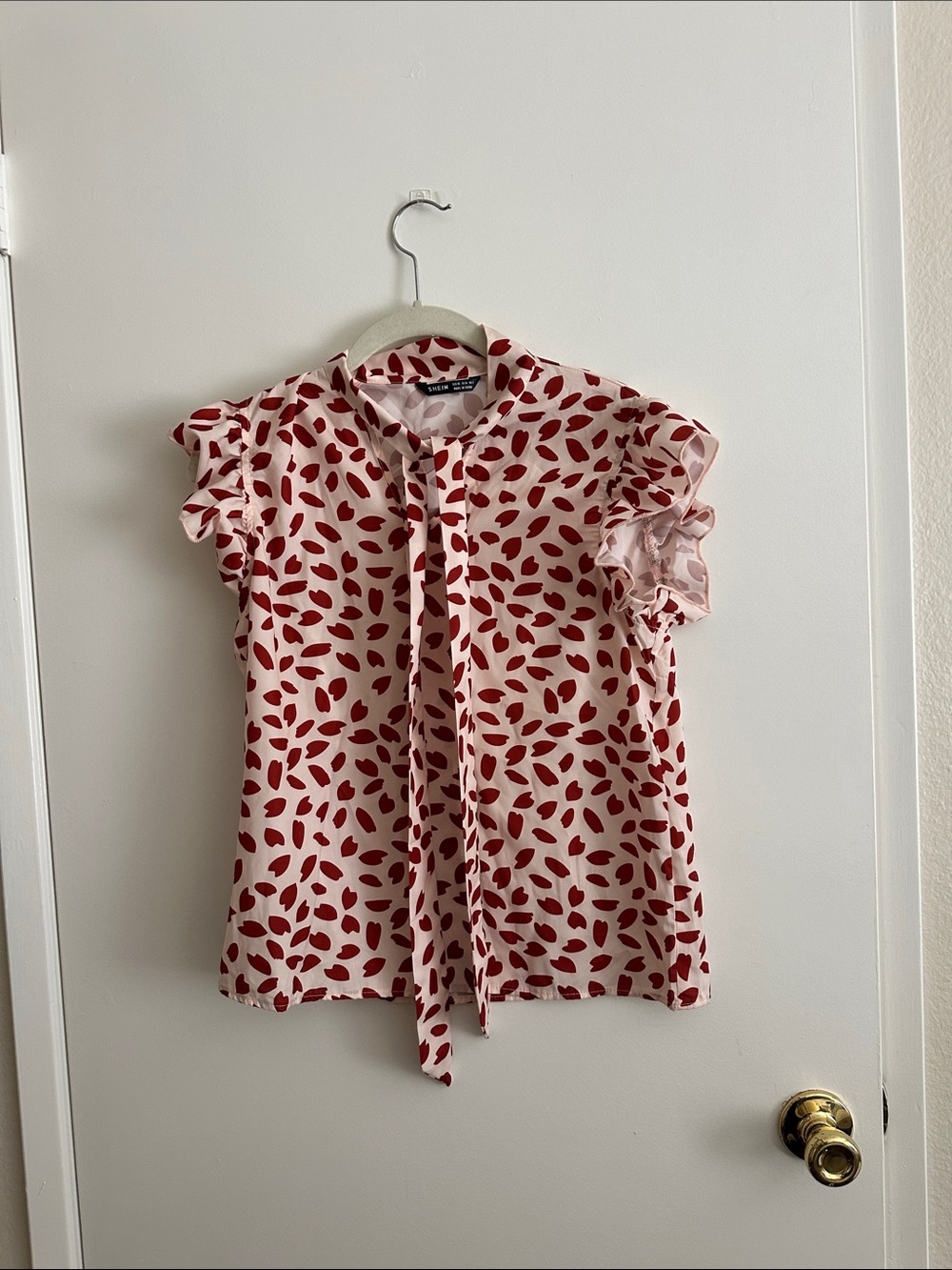 Cream  Blouse with Red Leaf Tie-Neck